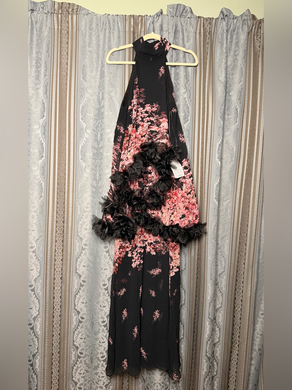 Elliatt Black Gown with Pink Floral Print and Feather Trim - Picture 4 of 7